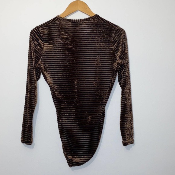 M VTG Adam Pour Eve Paris Brown Velvet Sheer Mesh Striped Long Sleeve Bodysuit - Picture 10 of 12